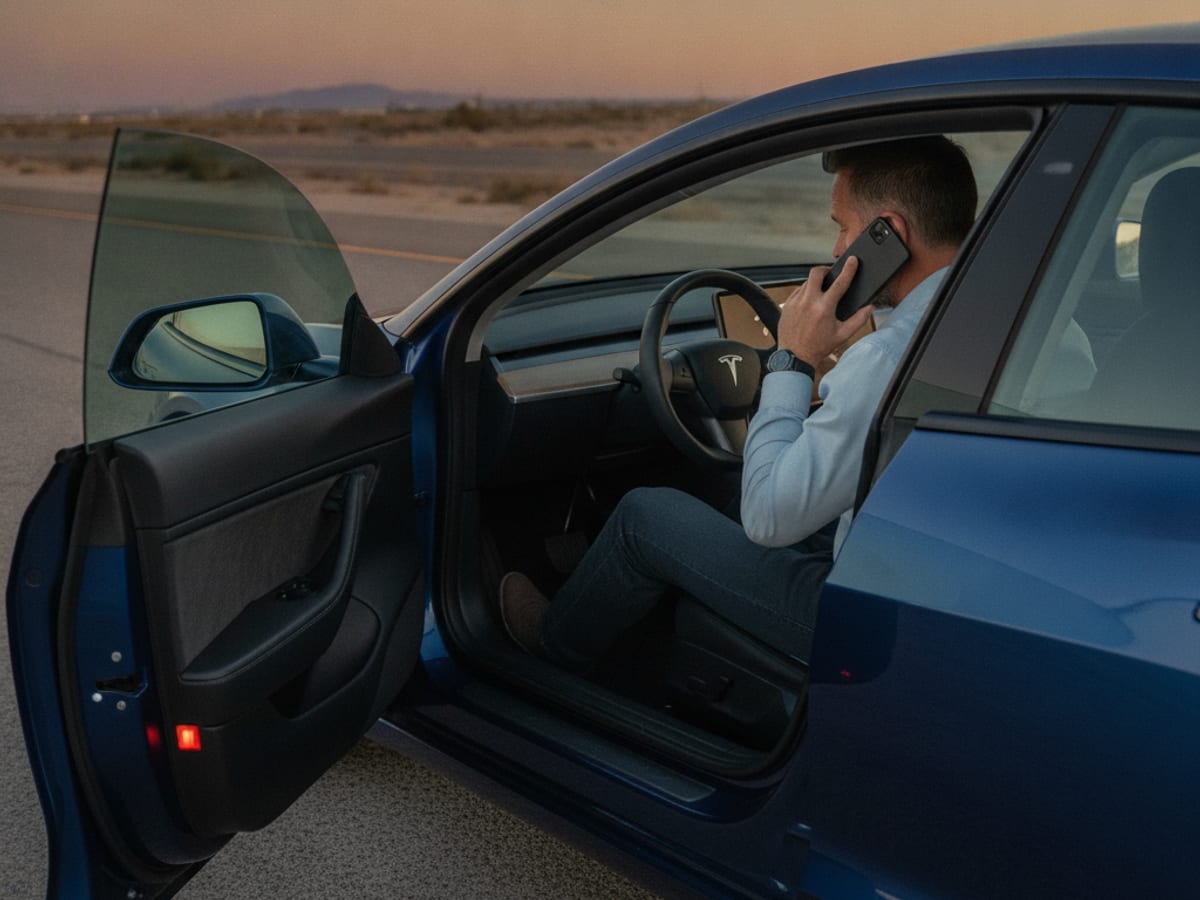 A mobile EV rescue technician plugging a NACS cable into a stranded Tesla Model 3 parked on a Las Vegas Valley road